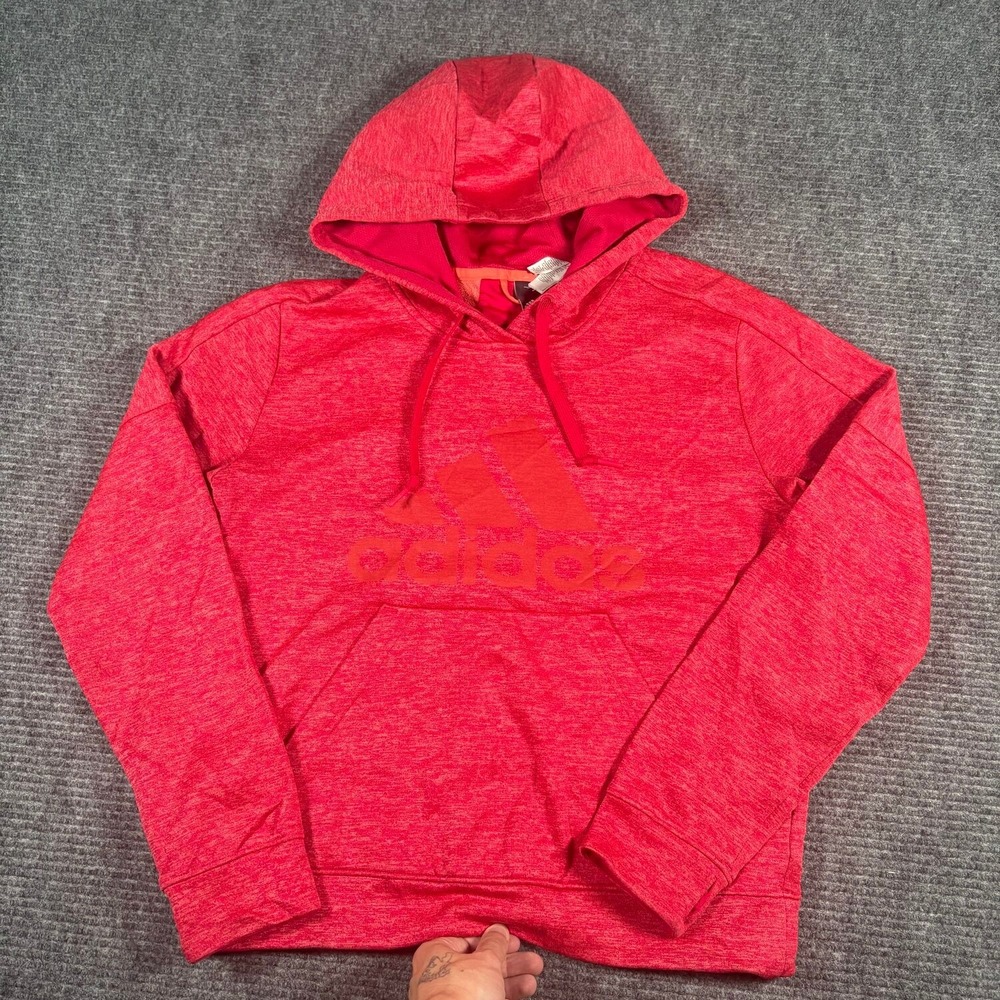 Adidas Hoodie Womens Medium Red Excellent Heathered Pullover Logo Pocket